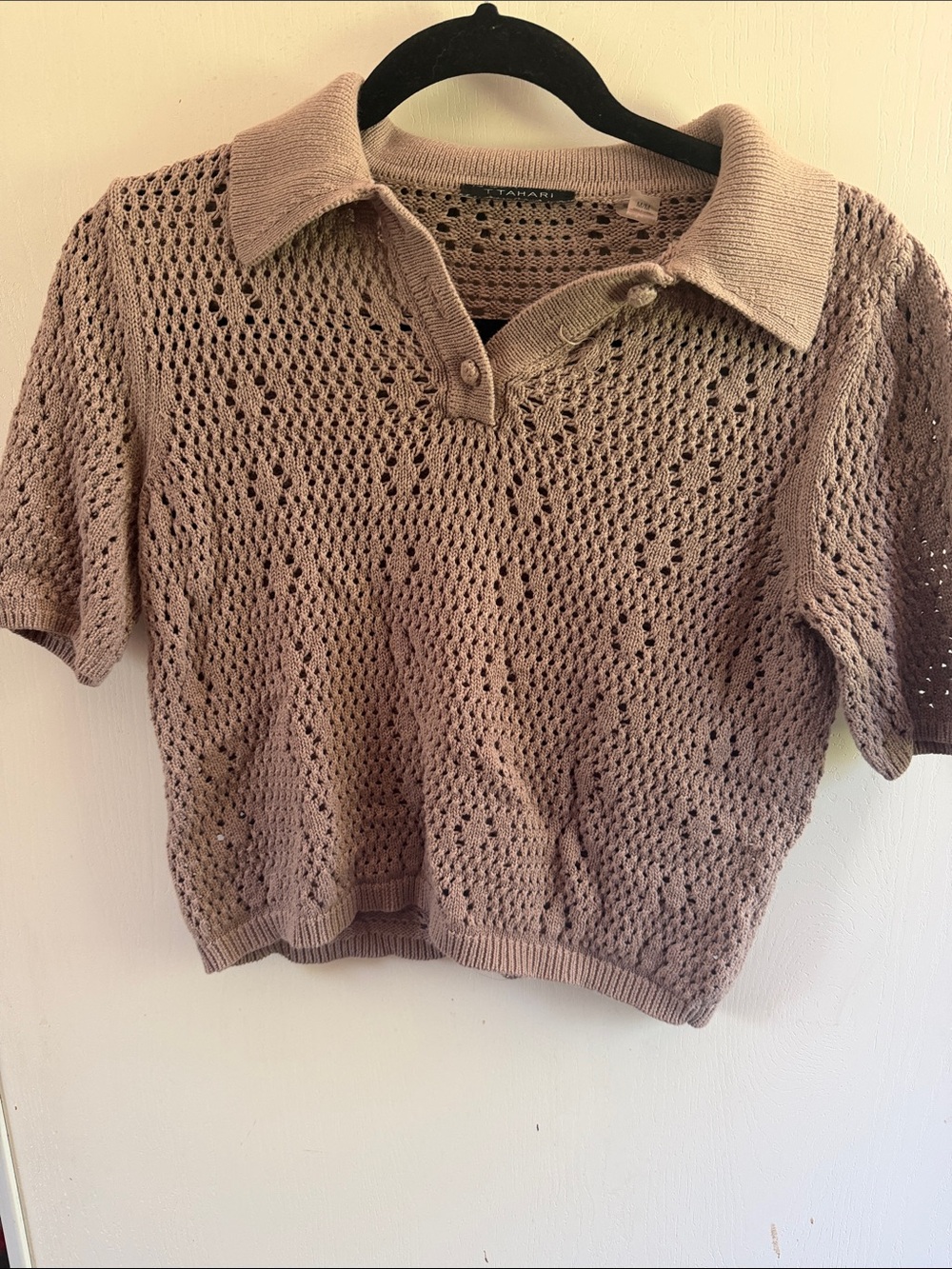 T Tahari Open-Knit Taupe Sweater Top